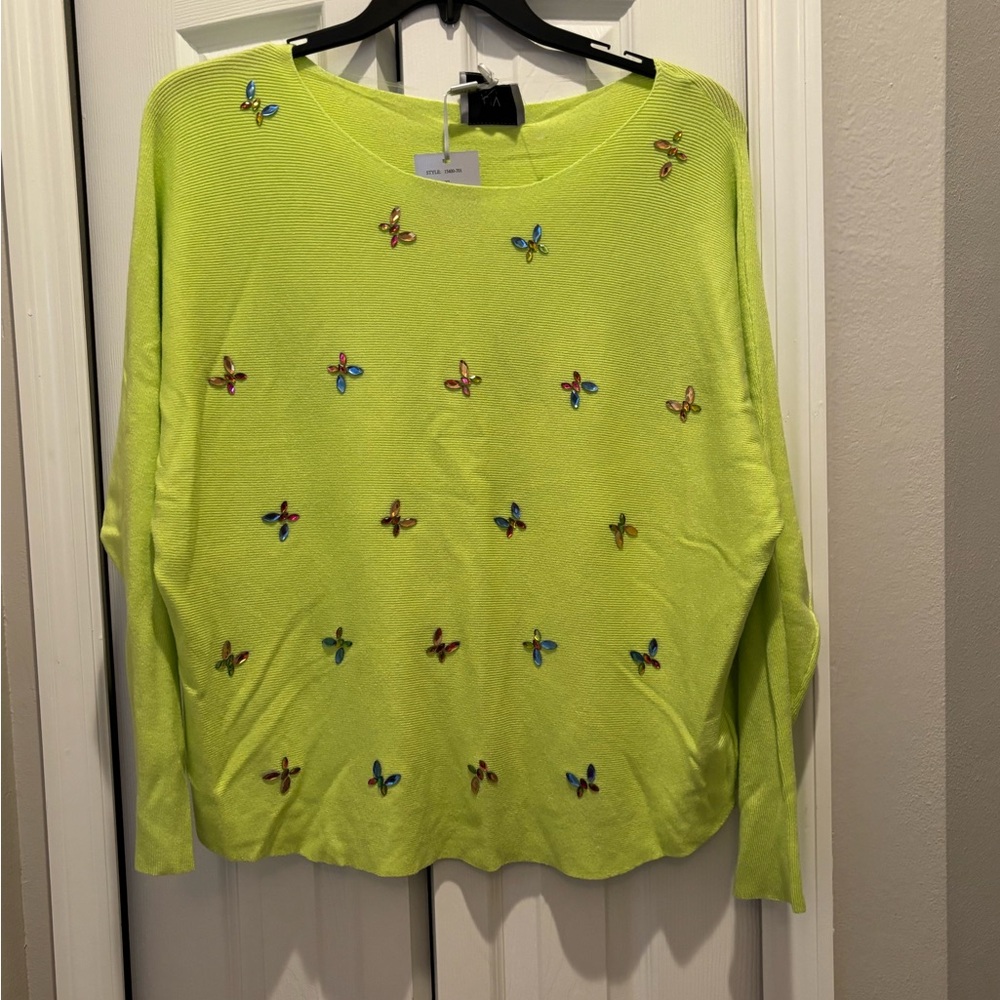 Lime Green Sweater with rhinestone butterflies